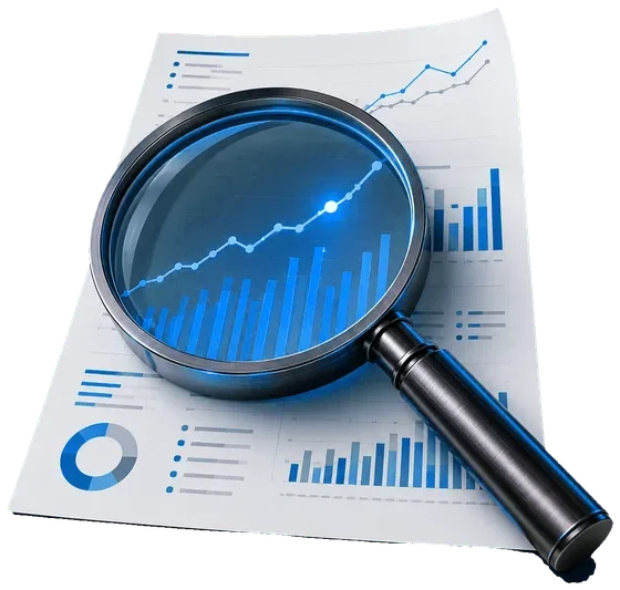 Lupa examinando um relatório de dados